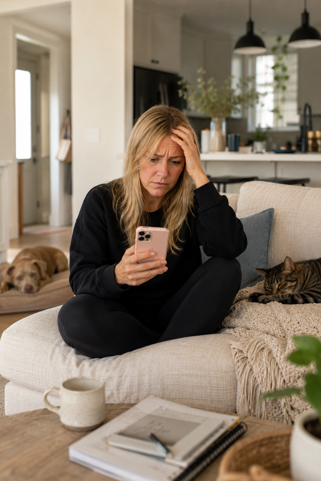 A woman sitting on her couch looking frustrated at her phone with her dog and cat nearby