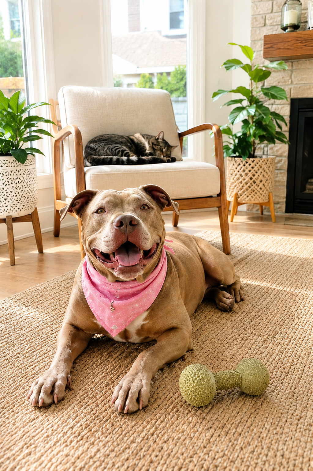 A happy dog in a pink bandana lying on a rug with a relaxed cat on the chair behind her