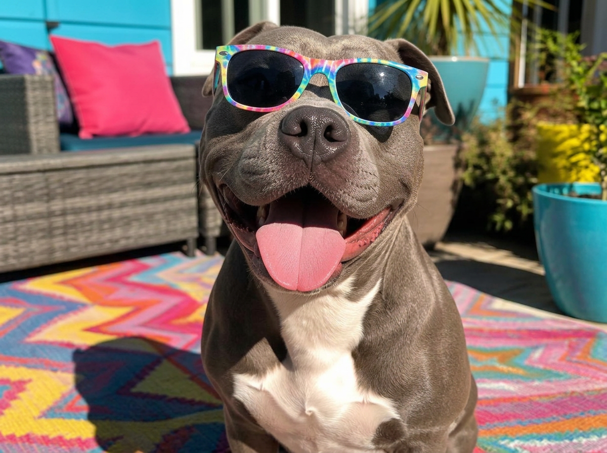 Smiling pitbull wearing sunglasses in the sun