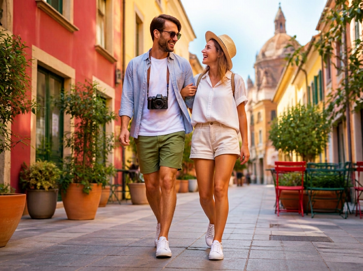 Couple walking through a sunny European street