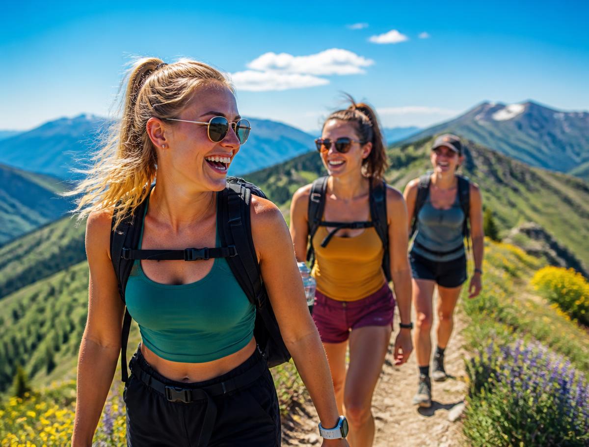 Friends hiking a sunny mountain ridge