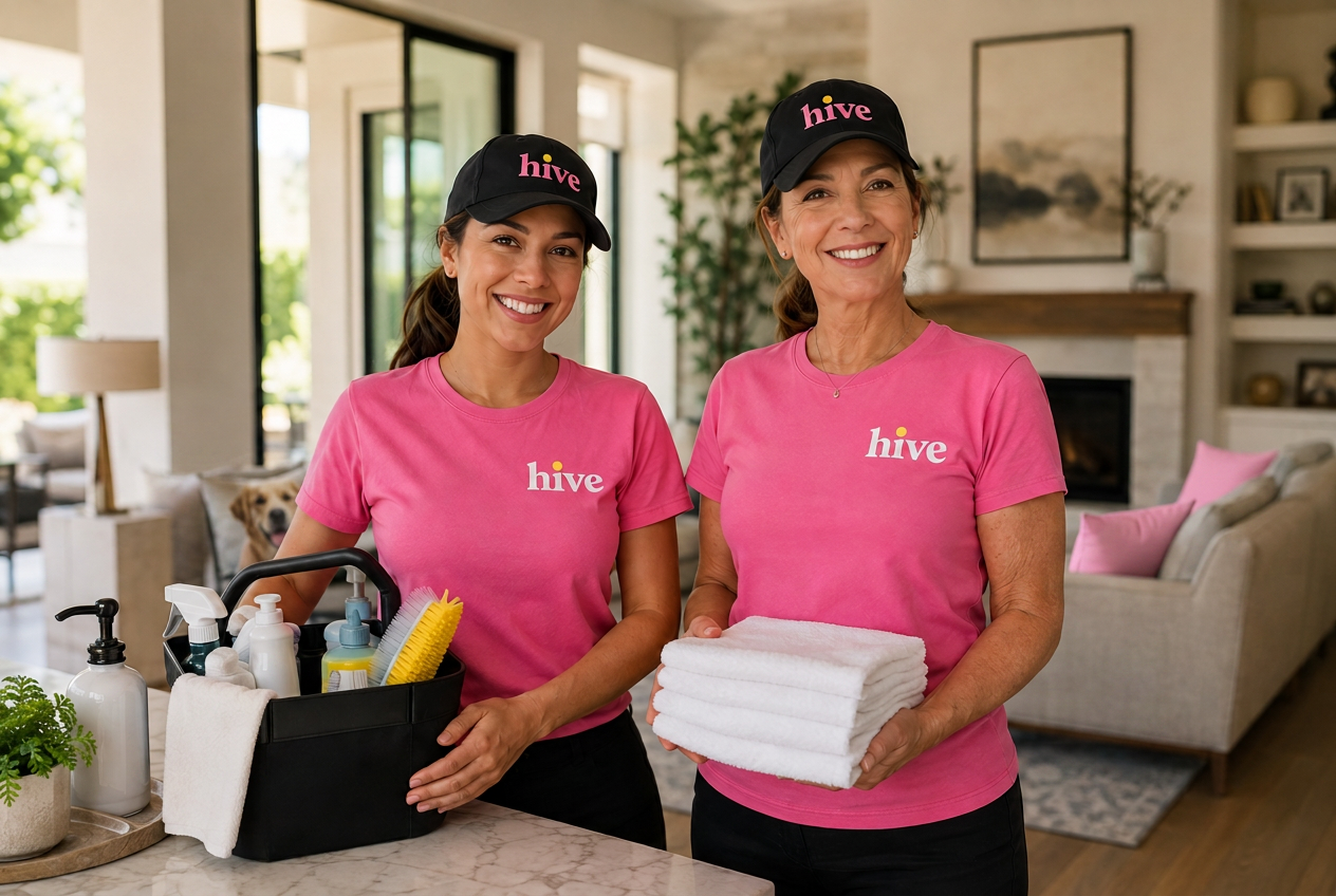Two smiling Hive professionals in pink Hive shirts with fresh towels and supplies in a bright home
