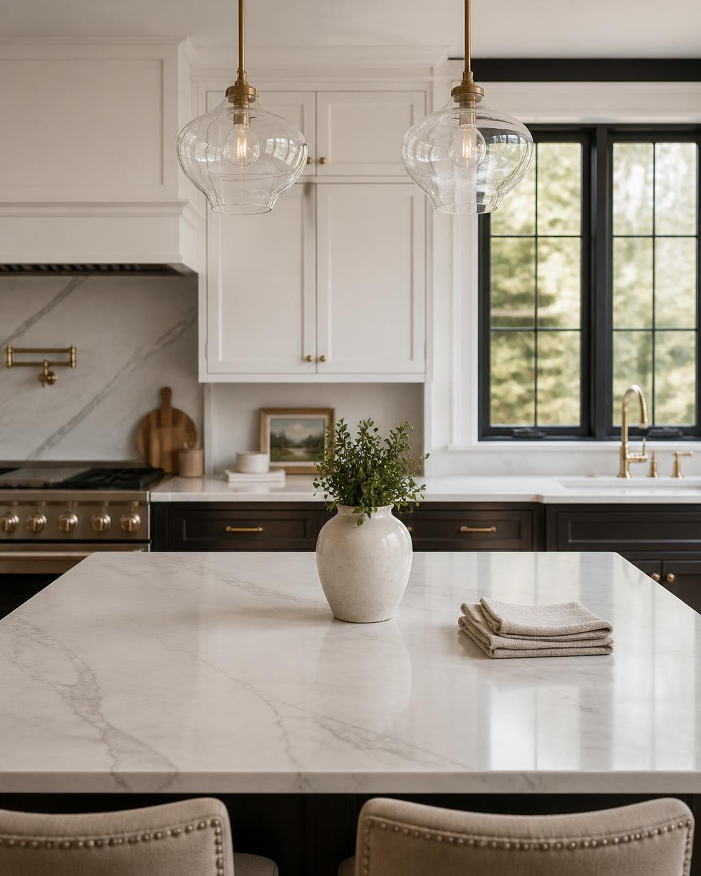 Immaculate luxury kitchen with marble island, freshly reset after a Hive visit