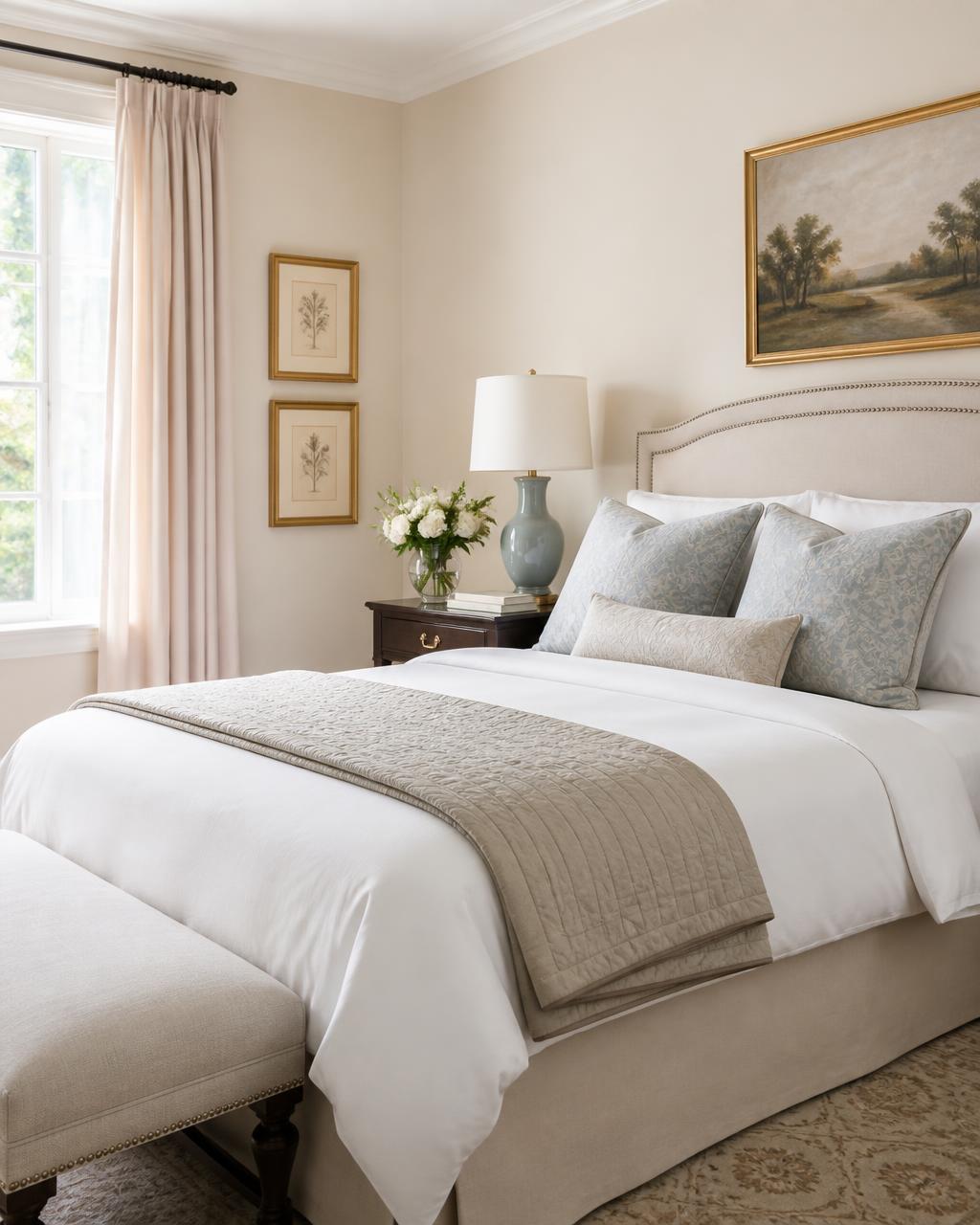 Guest bedroom prepared with crisp linens and fresh flowers