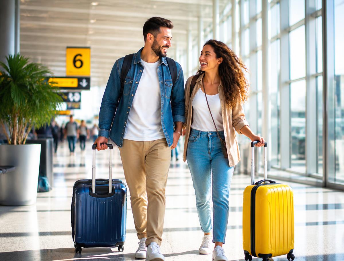 Couple with colorful suitcases walking through a bright airport